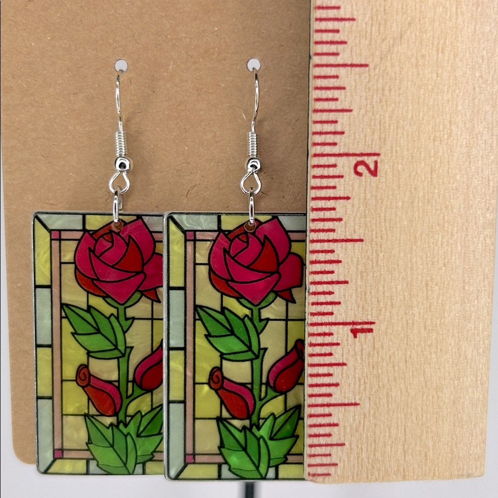 Acrylic Dangle Rose Stain Glass Design Dangle Earrings - Picture 2 of 3